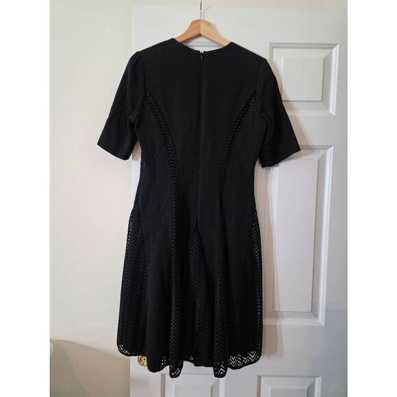 LELA ROSE Black Woven Lace Panel Short Sleeve Godet Hem A-Line Dress 10 - Picture 7 of 10